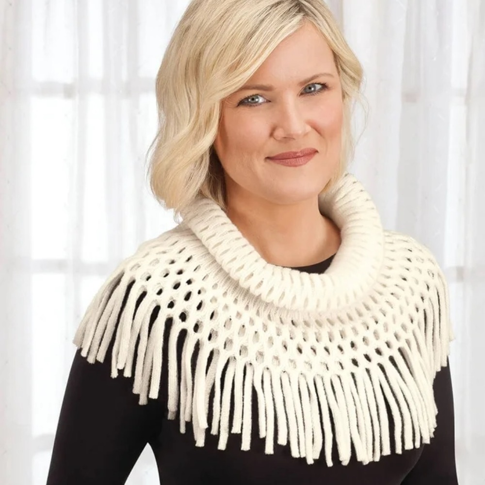 Britts Knits Open Weave Ivory Infinity Scarf with Fringe